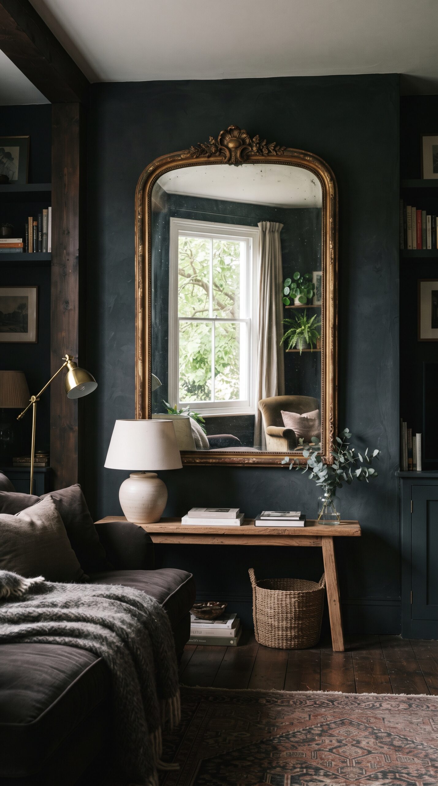 Large arched gilt mirror on a charcoal wall reflecting a bright window and bouncing daylight back into the room