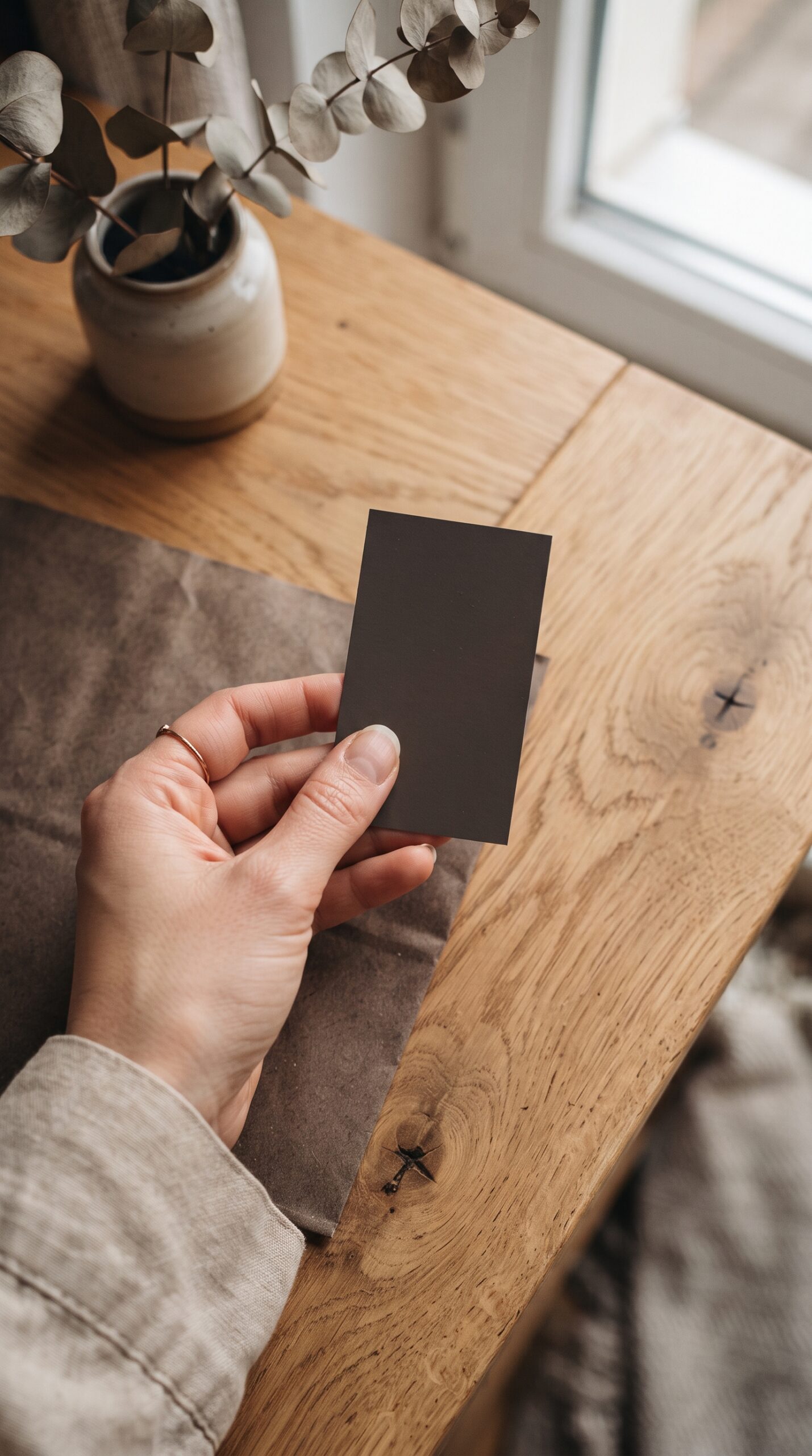Hand holding a warm-undertone charcoal paint swatch against raw oak and brown paper to check the undertone