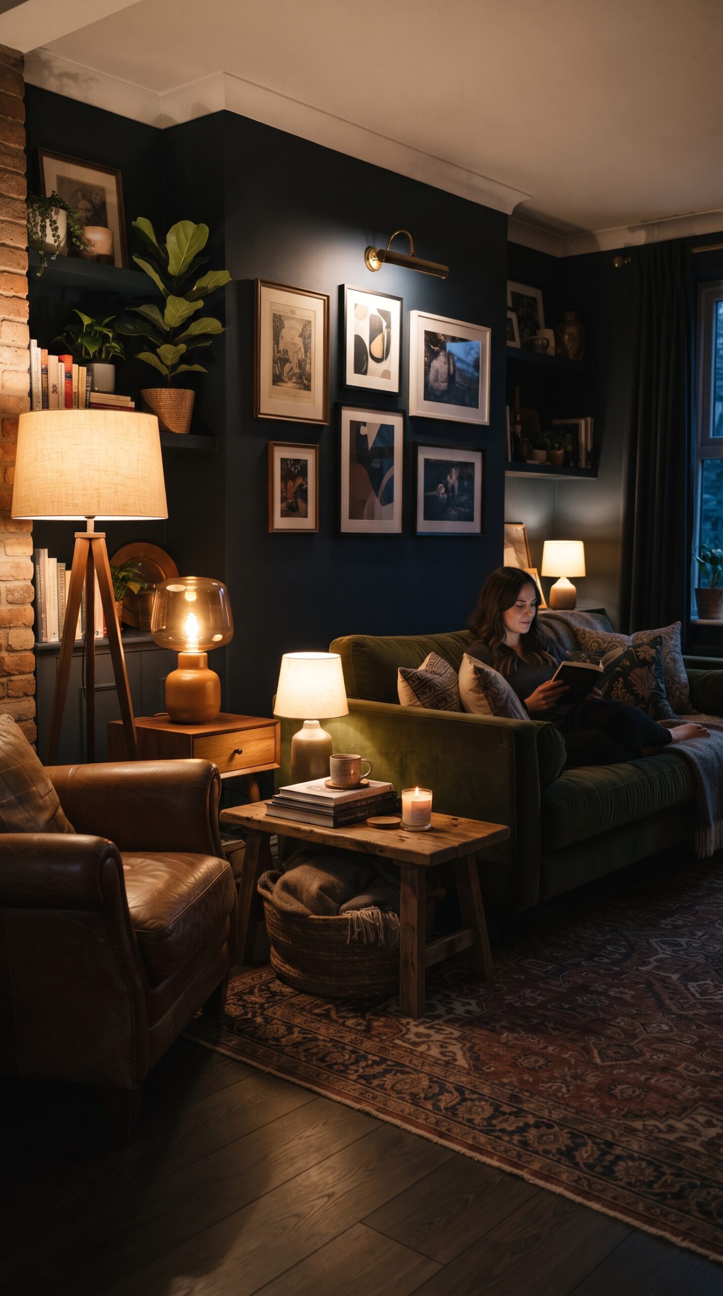 Dark-walled living room lit by three warm lamps at different heights with the overhead light switched off