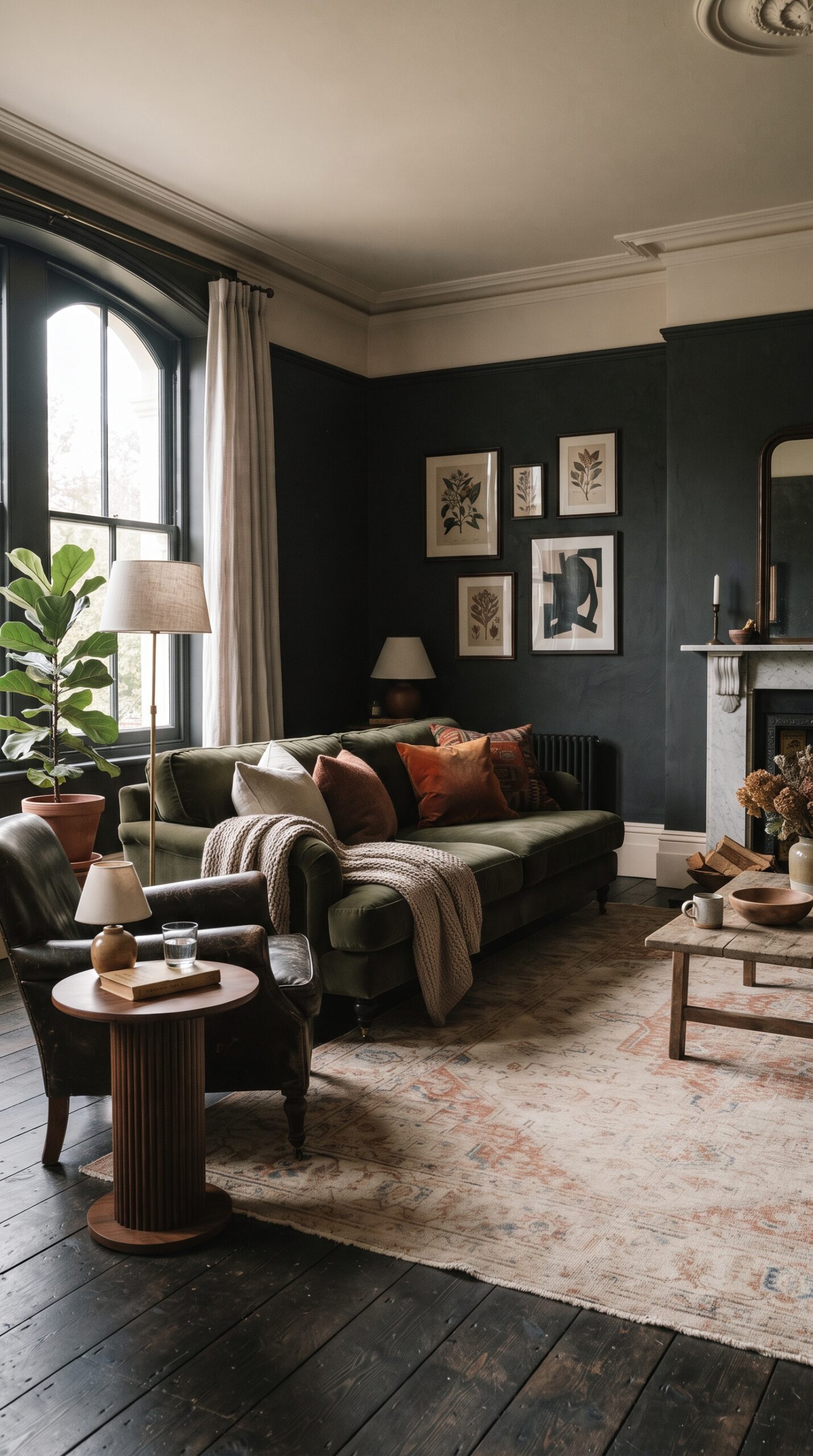 Charcoal living room with a warm off-white ceiling and faded cream vintage rug giving the eye a pale resting point