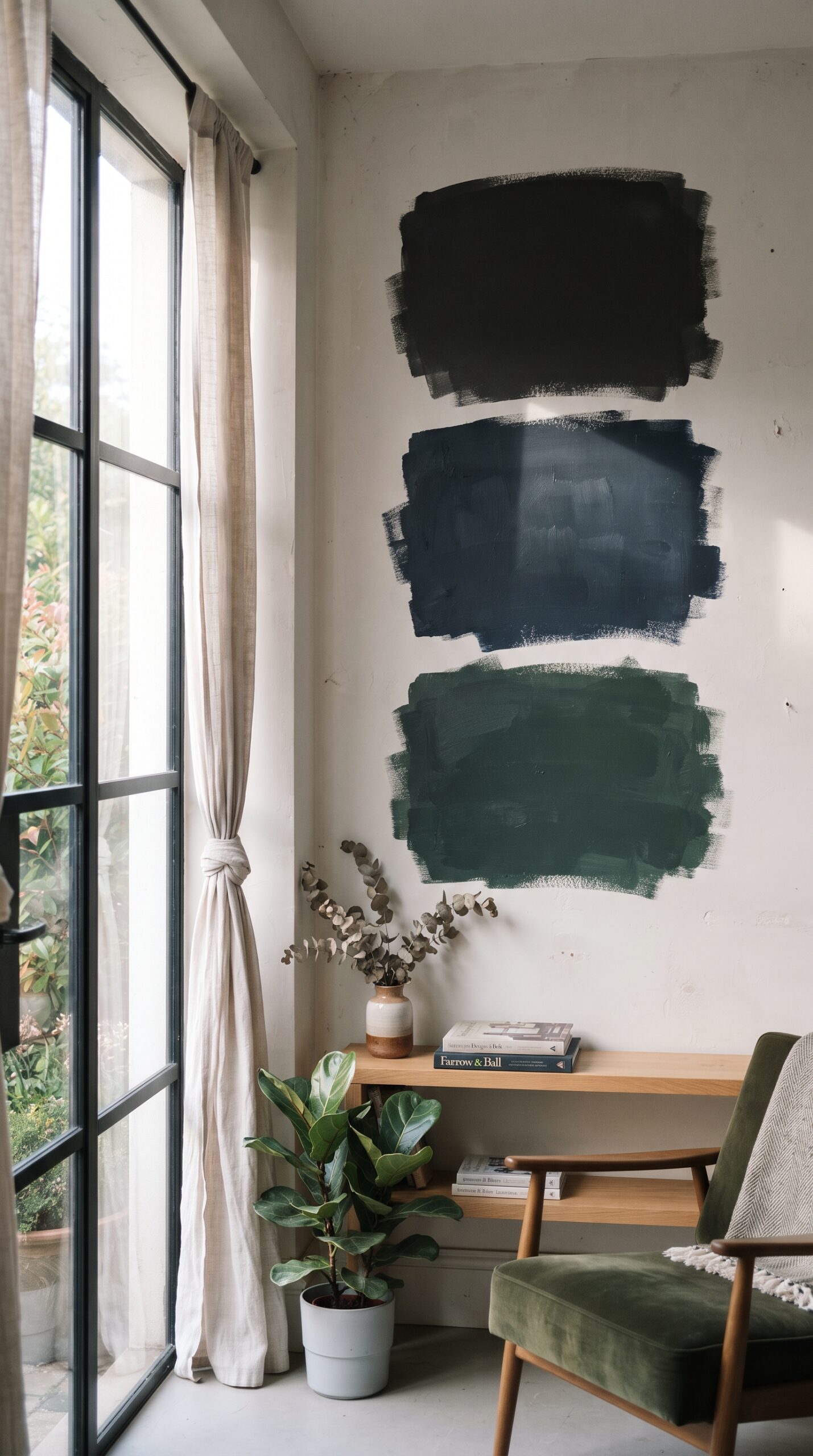 Three dark paint swatches painted directly onto a living room wall, showing how the colours shift in daylight