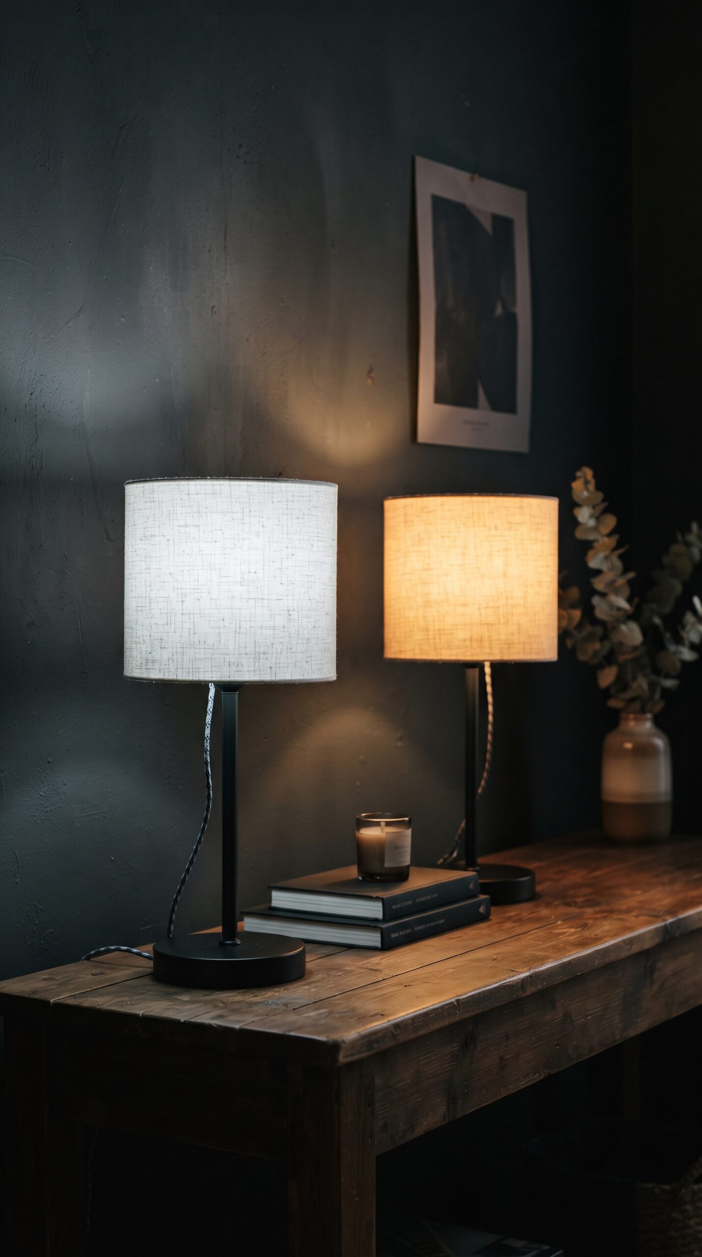 Two identical lamps against a dark wall, one with a cool white bulb and one with a warm 2700K bulb
